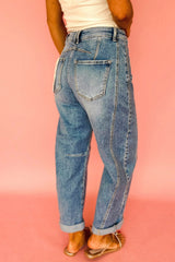 Blue Vintage Washed Seam Detail Shift Jeans