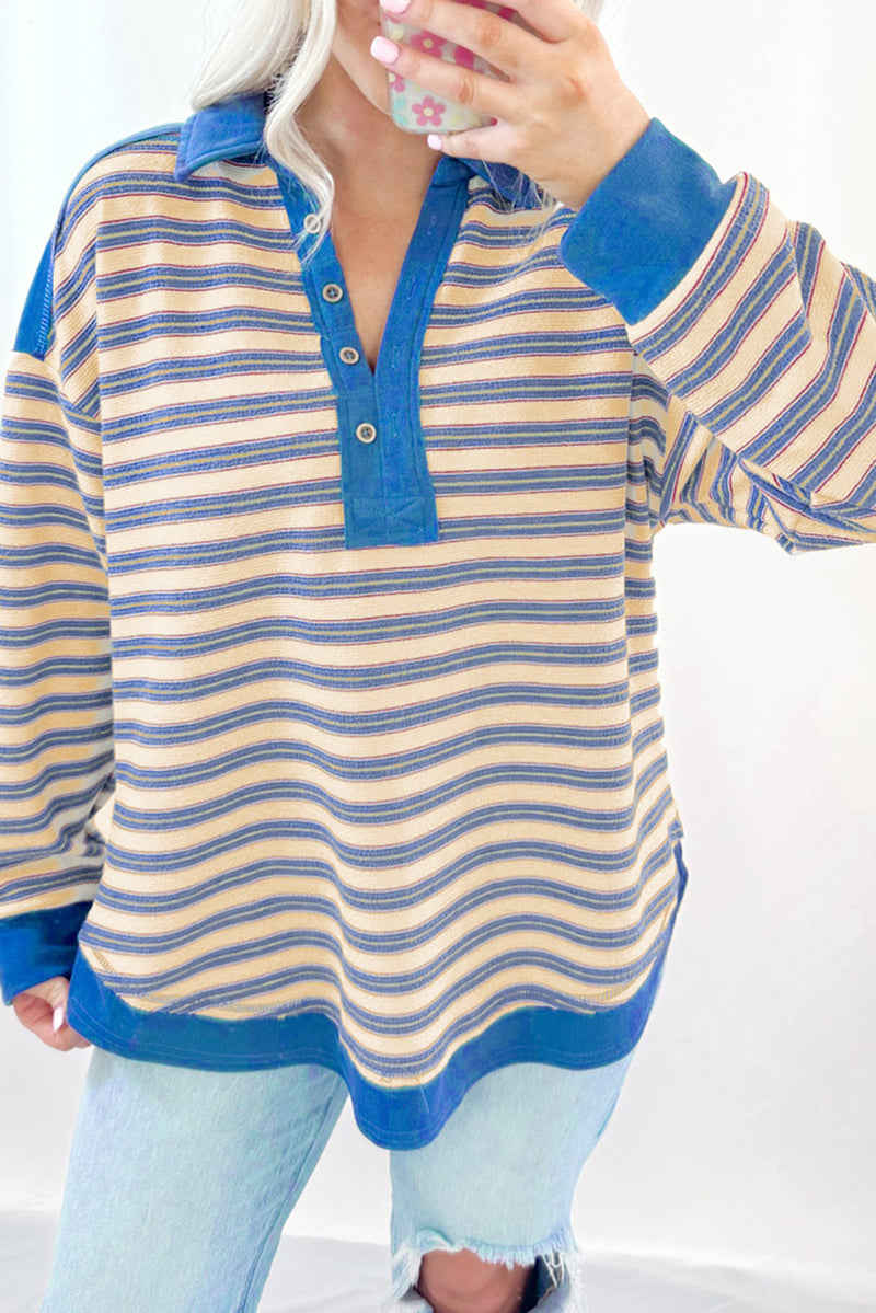 Stripe Buttoned V Neck Collared Drop Shoulder Top