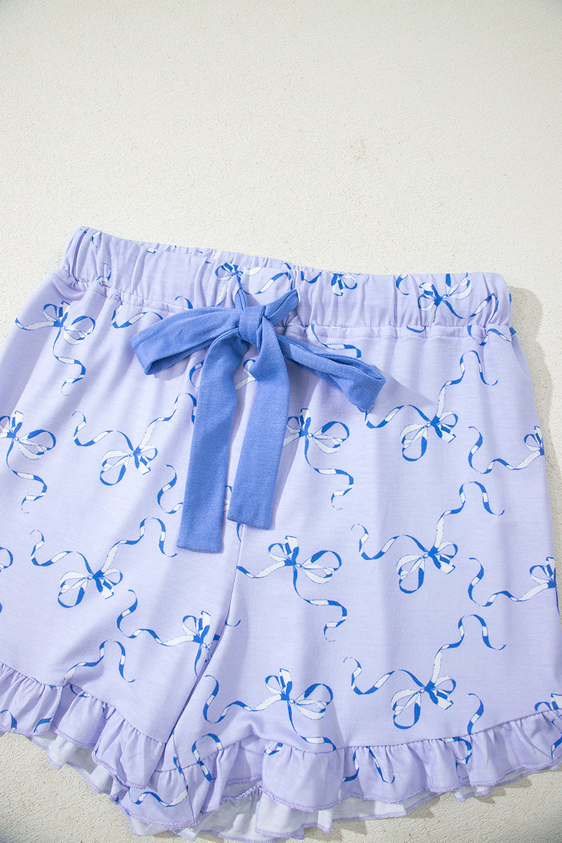 Sky Blue Bow Printed Ruffled Short Lounge Set