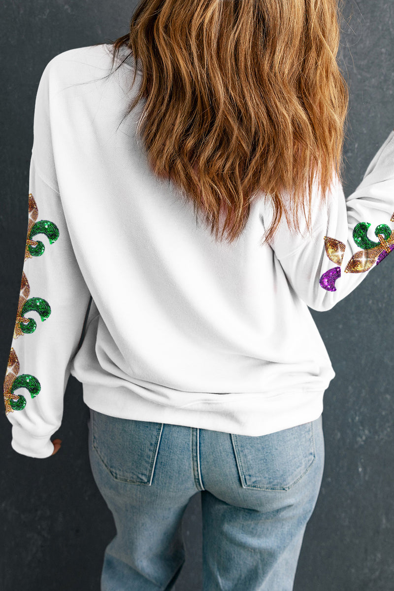 Sequin Mardi Gras Patched Pattern Fleur de Lis Sleeve Sweatshirt