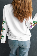 Sequin Mardi Gras Patched Pattern Fleur de Lis Sleeve Sweatshirt