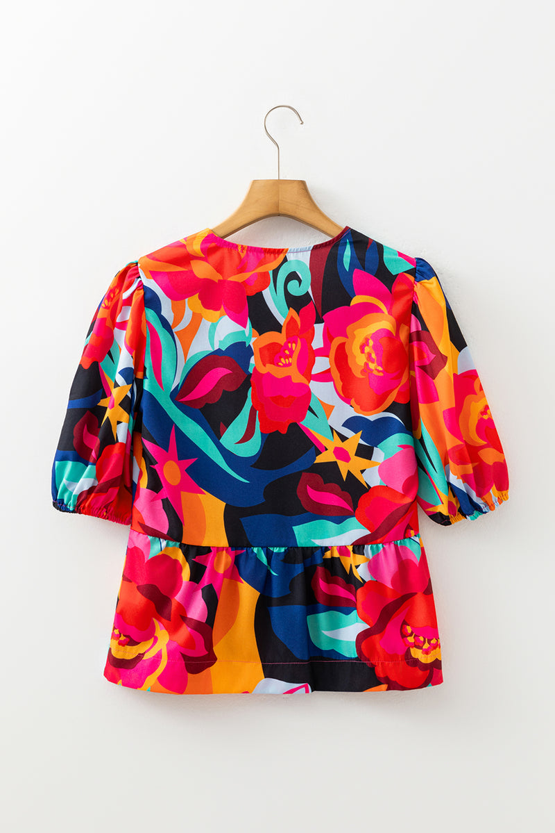 Abstract Floral Print Front Tied Puff Sleeve Babydoll Blouse