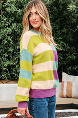 Stripe Drop Shoulder Ribbed Edge Casual Sweater