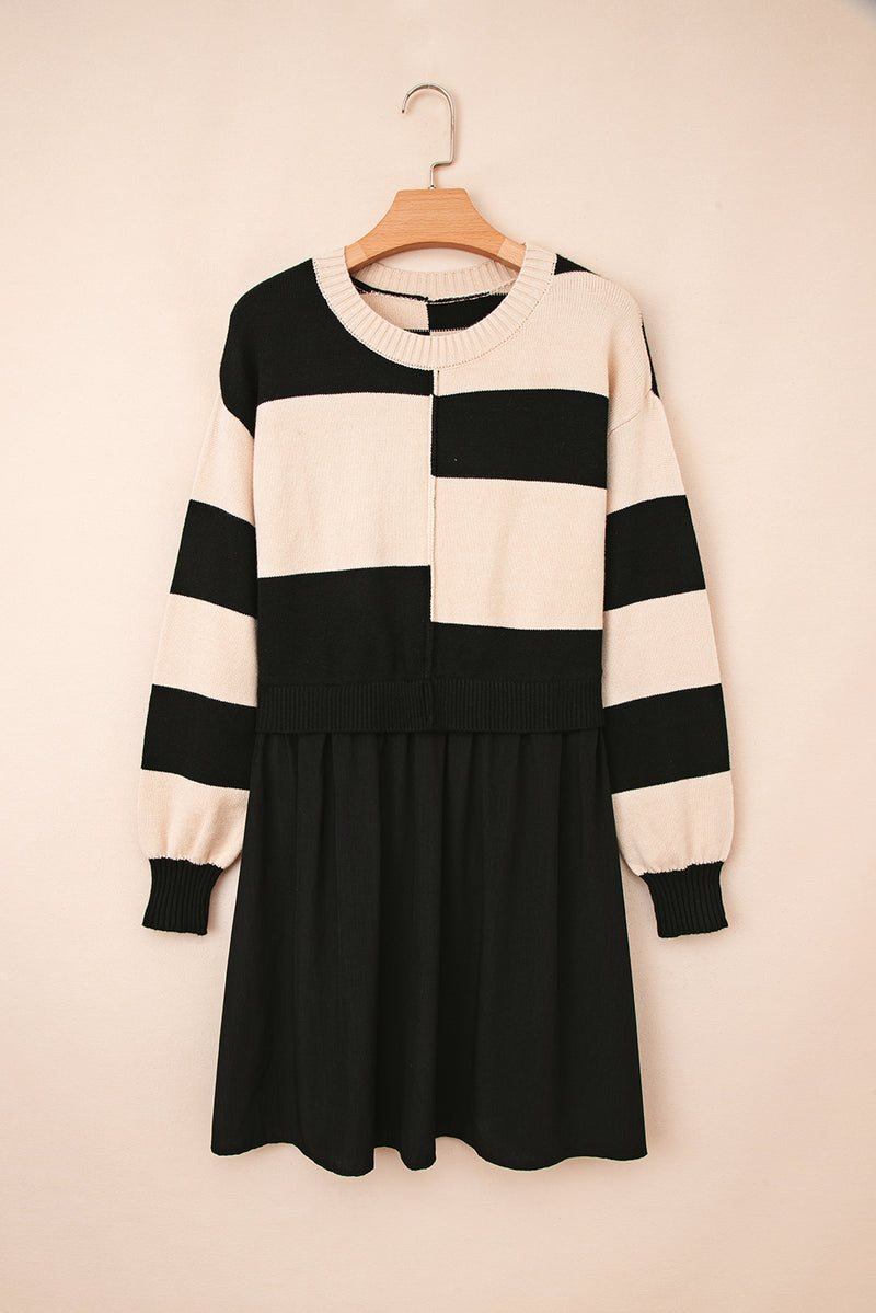 Stripe Two in One Knitted Top High Waist Splicing Hem Sweater Dress