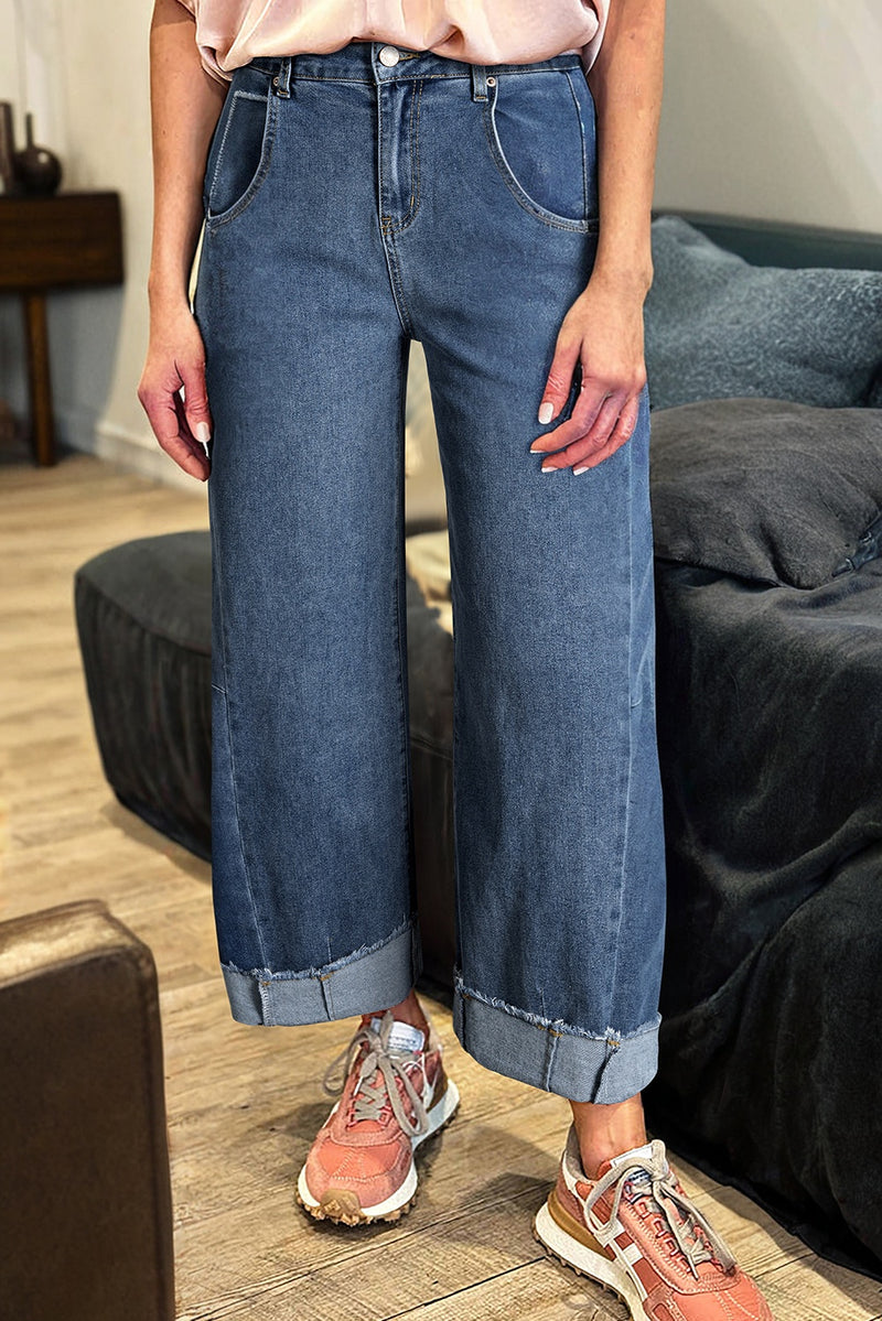 Stitched Raw Hem Wide Leg Loose Jeans