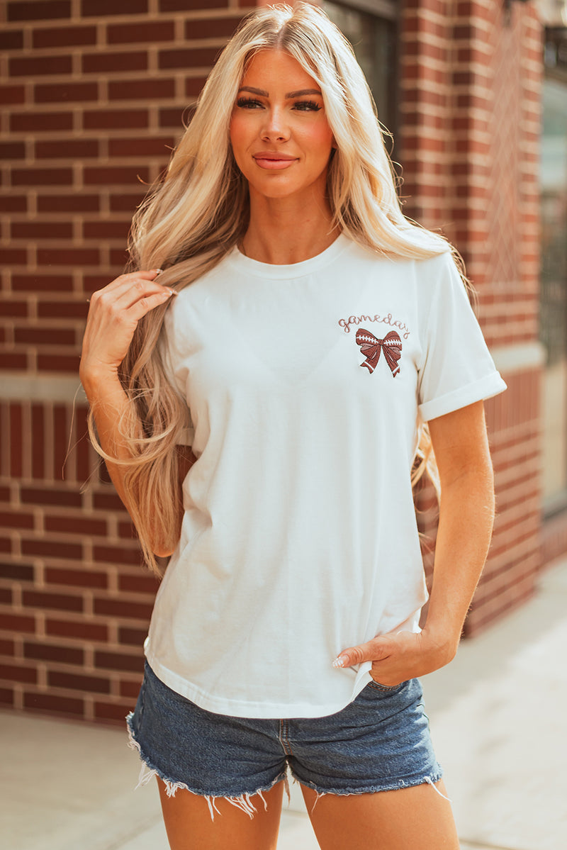 Game Day Bowknot Embroidered Graphic Casual Tee