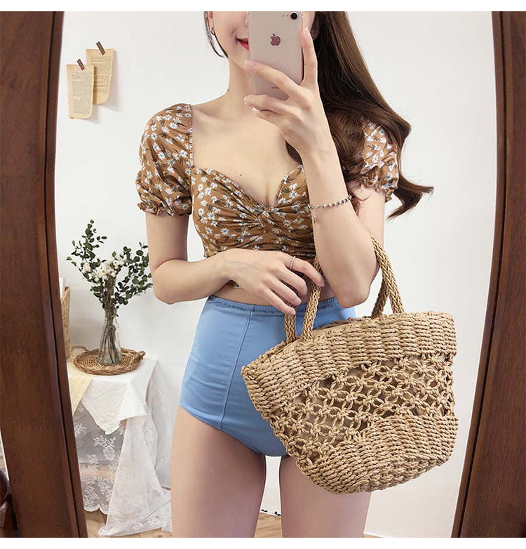 Floral Puff Sleeve Crop Top Bikini Set with High-Waist Bottoms