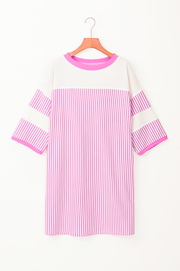Striped Patchwork Three Quarters Sleeve Loose Mini Dress