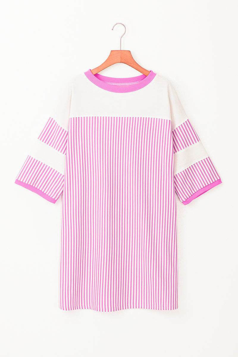 Striped Patchwork Three Quarters Sleeve Loose Mini Dress