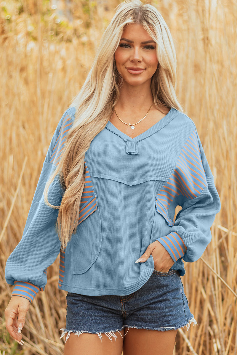 Exposed Seam Waffle Striped Patchwork Baggy Pullover