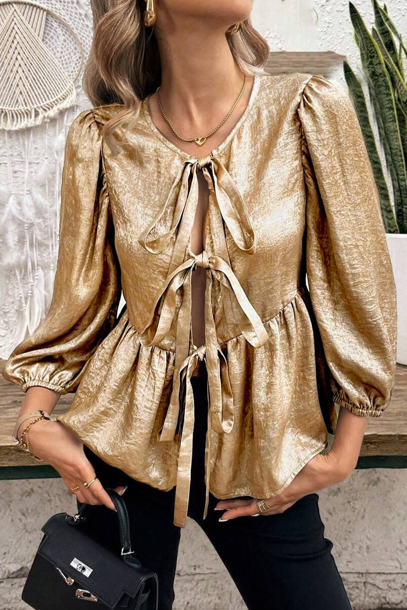 Bow Tie Front Puff 3/4 Sleeve Ruffle Hem Blouse