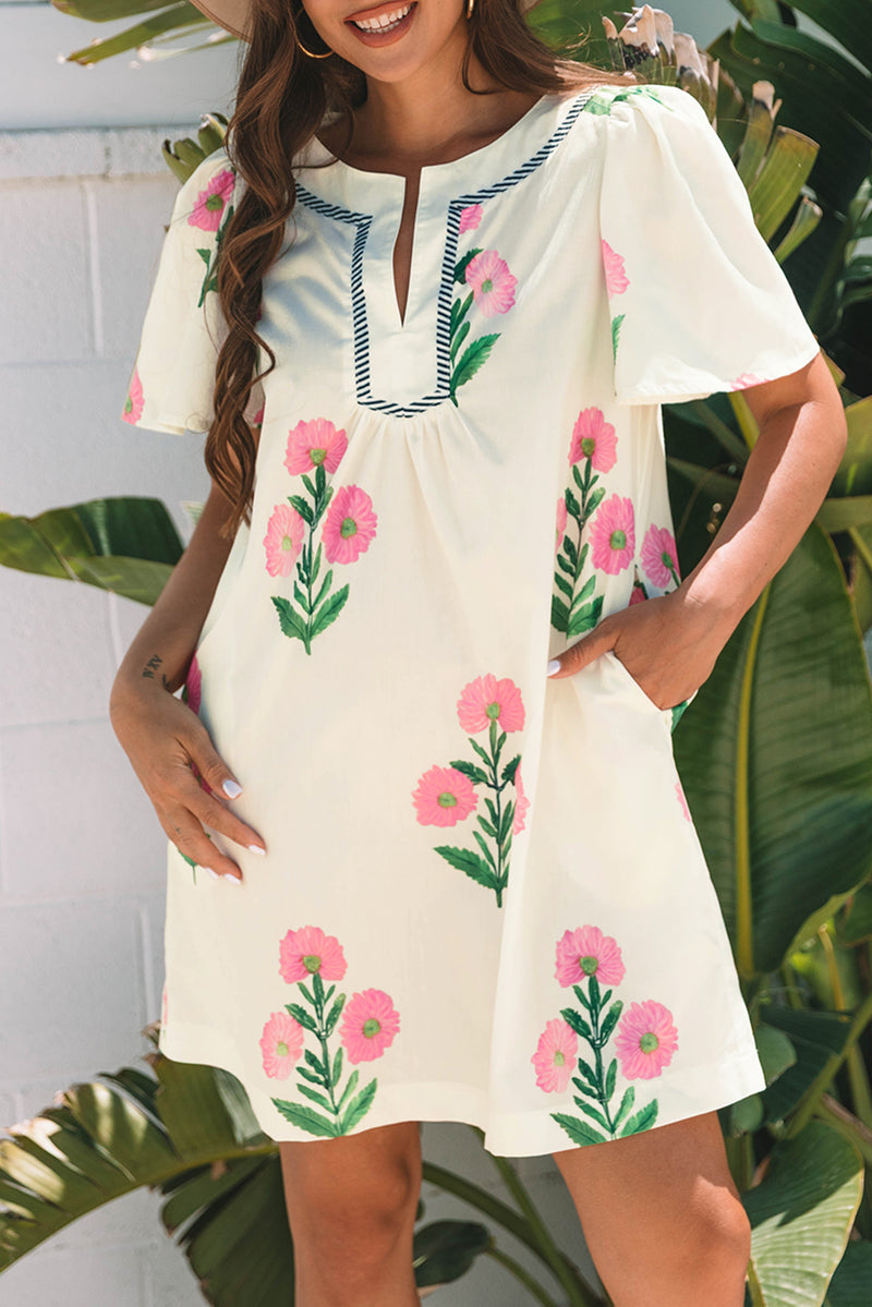 Floral Short Sleeve Split Neck Loose Mini Dress