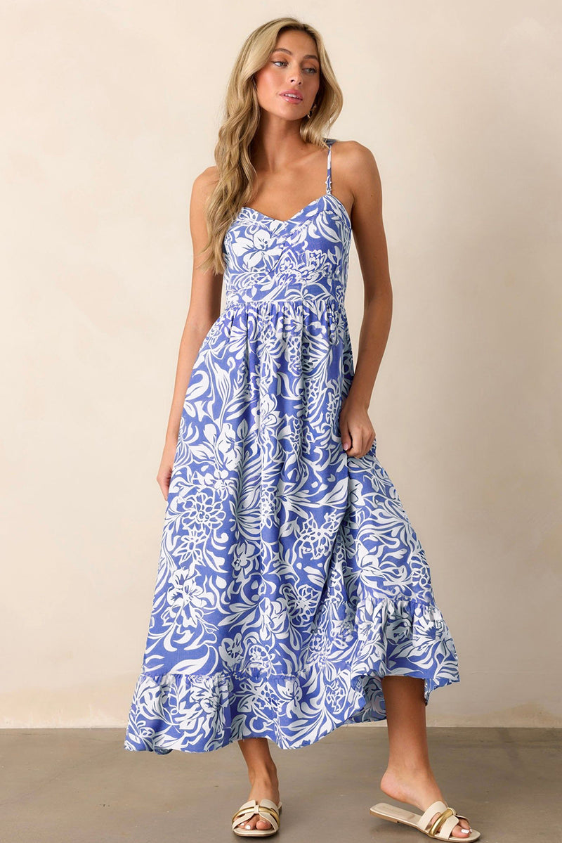 Floral Print Spaghetti Strap High Waist Maxi Dress