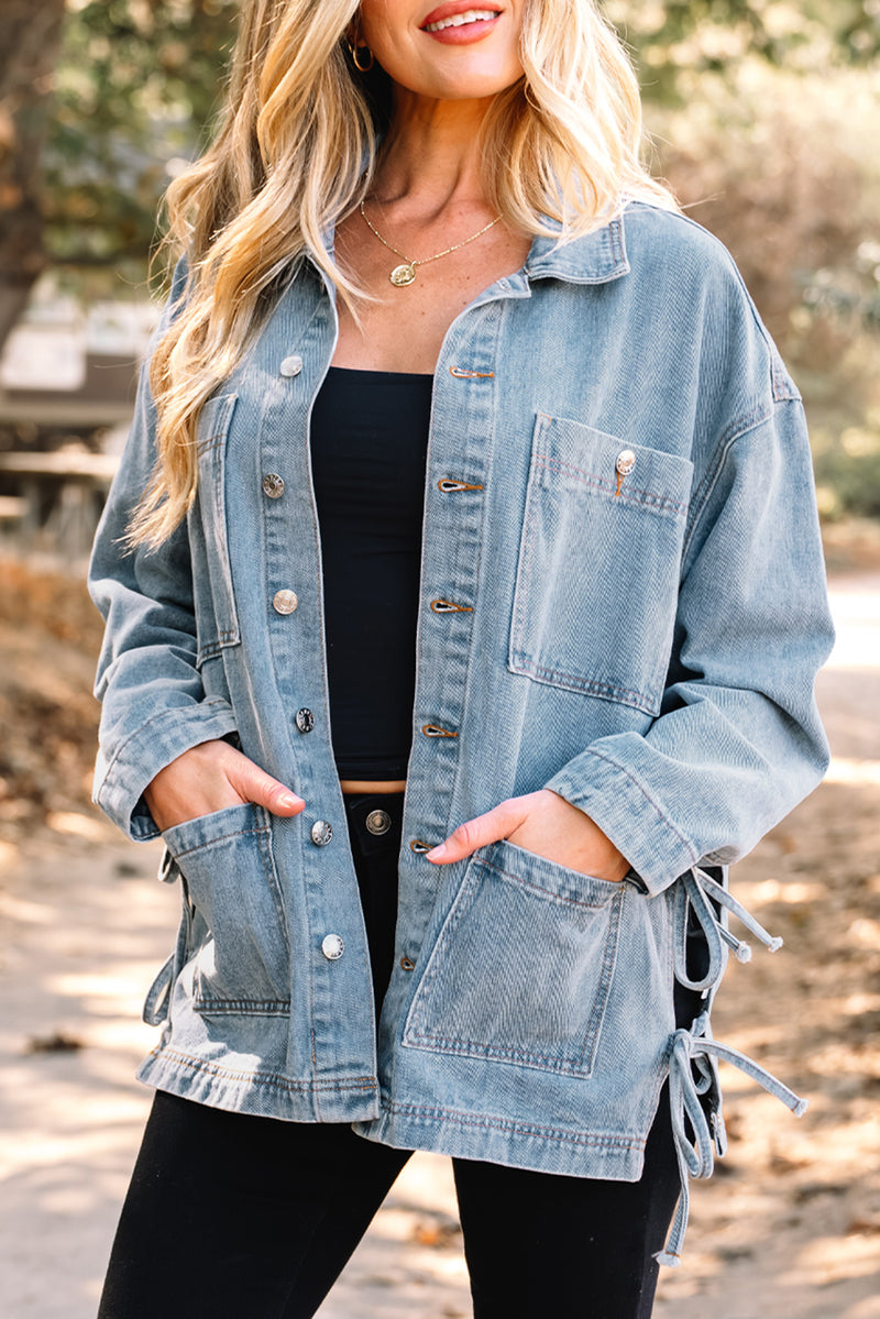 Multi Patched Pockets Side Tie up Boyfriend Style Denim Jacket
