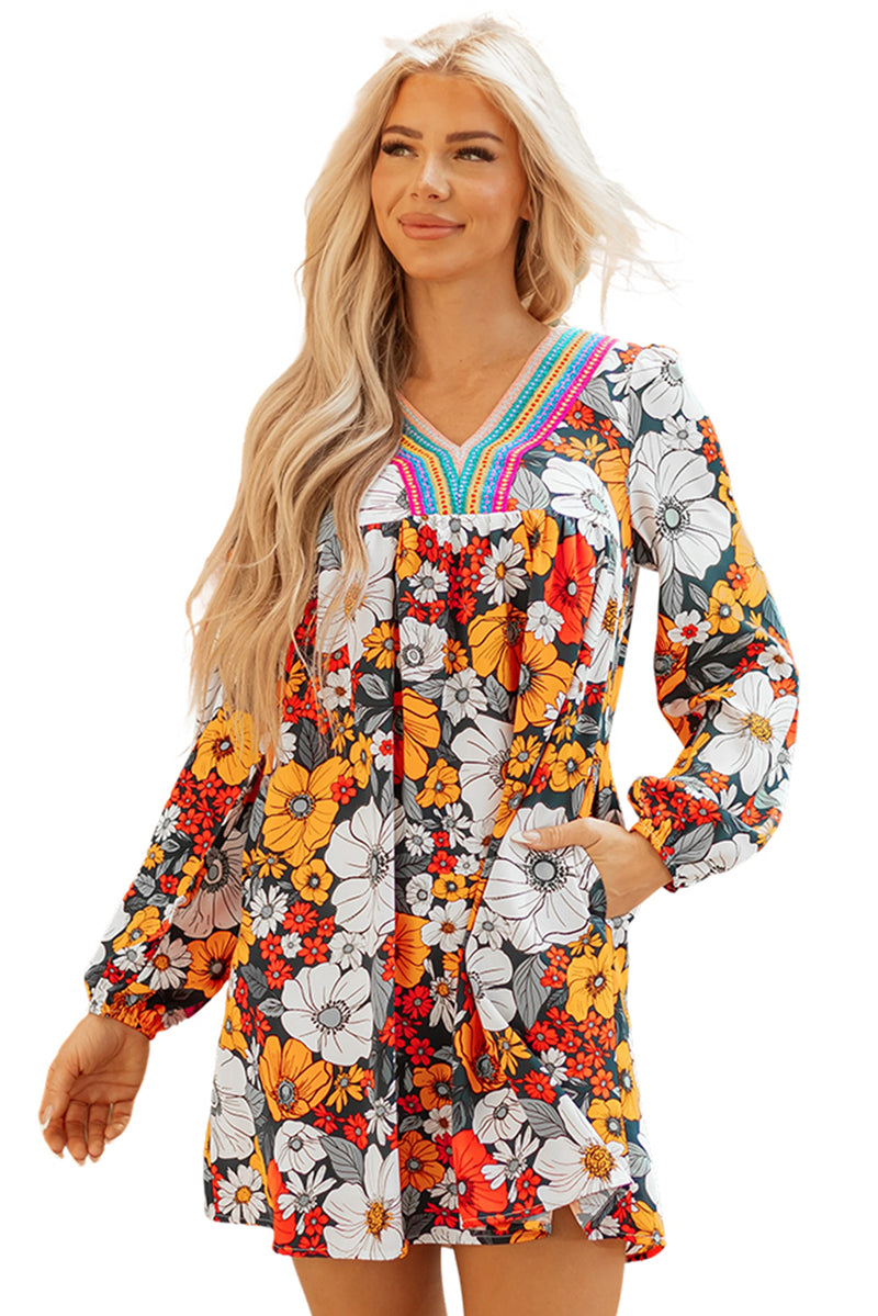 Floral Print Striped Lace V Neck Long Sleeve Mini Dress