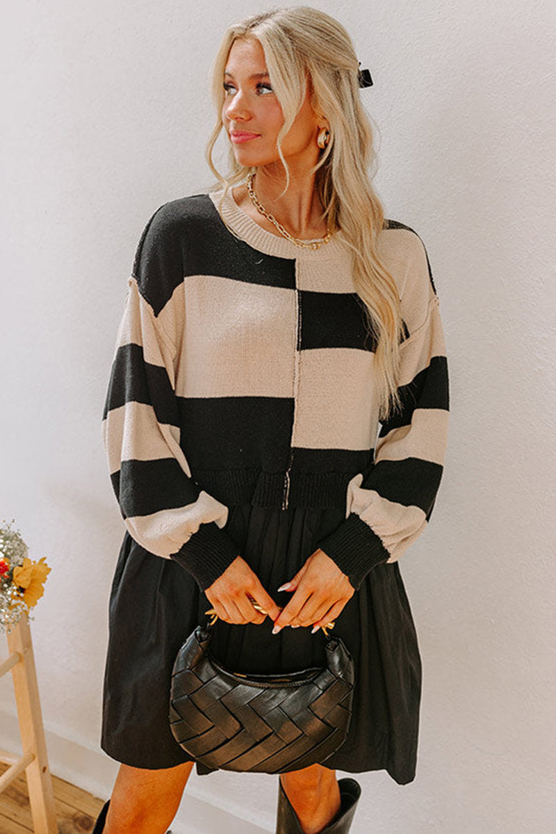 Stripe Two in One Knitted Top High Waist Splicing Hem Sweater Dress