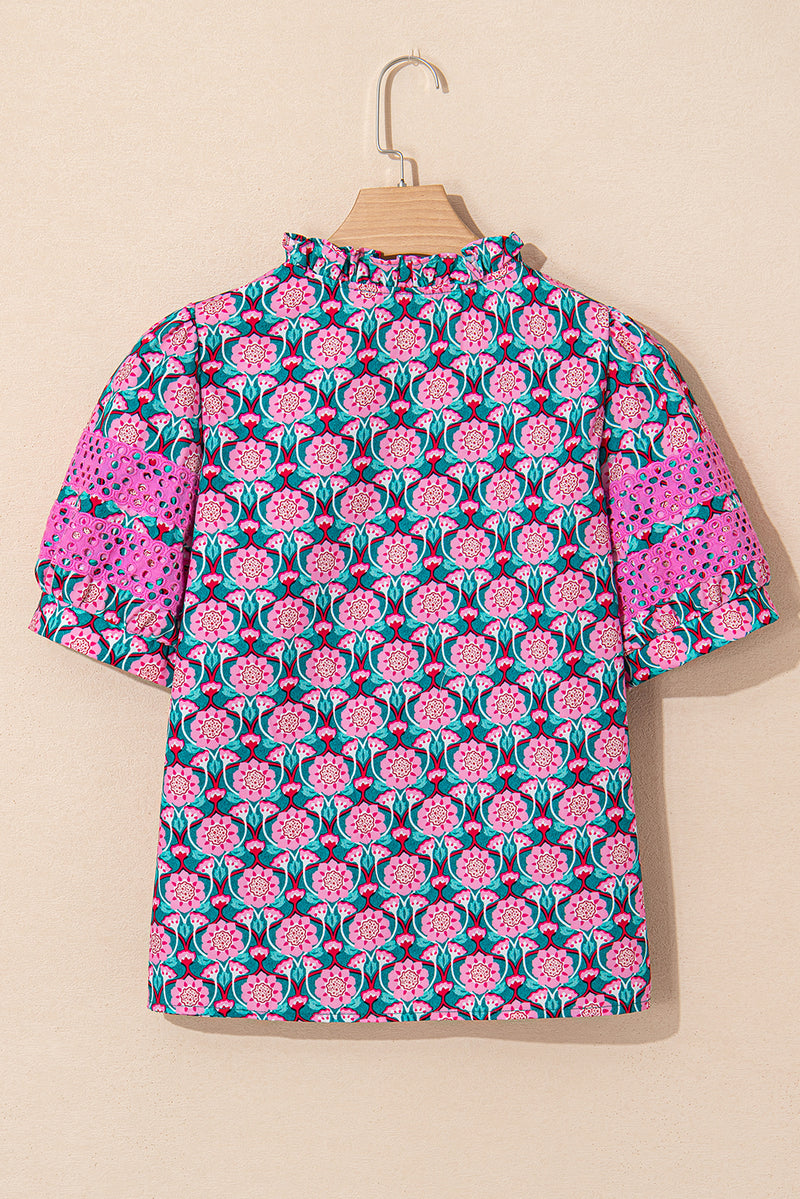 V-Neck Ruffle Abstract Floral Print Puff Sleeve Top