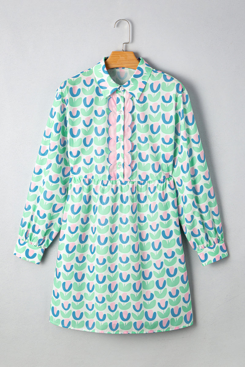 Floral Print Notched Neck Scalloped Detail Long Sleeve Mini Dress