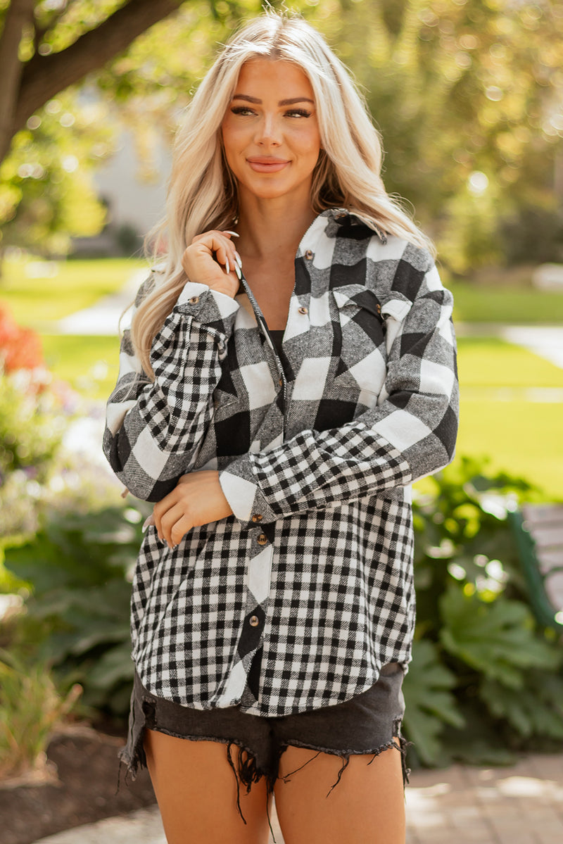 Double Plaid Patchwork Drawstring Hooded Shacket