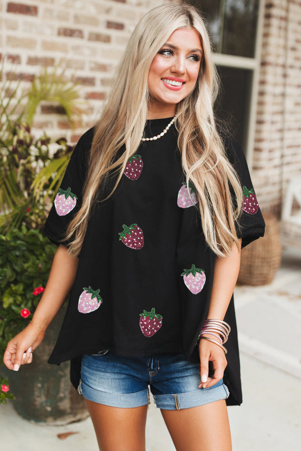 Sequin Strawberry Graphic High Low Relaxed Fit Tee