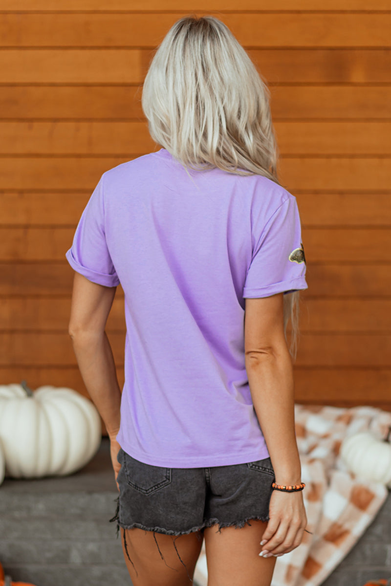 Sequin Halloween Bat Patched Casual T Shirt