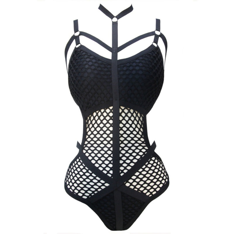 Strappy Hollow Mesh One-Piece Monokini