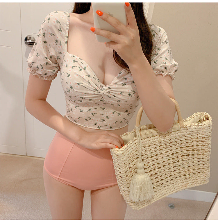 Floral Puff Sleeve Crop Top Bikini Set with High-Waist Bottoms
