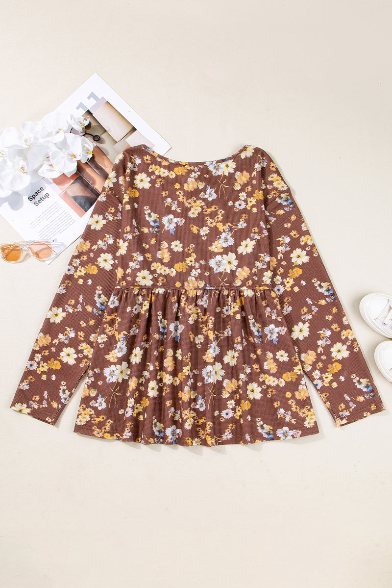 Floral Textured Tied Neck Long Sleeve Plus Size Babydoll Blouse
