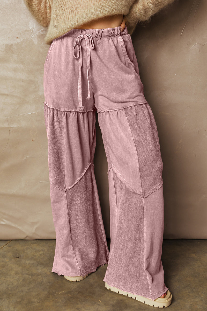 Mineral Wash Tiered Wide Leg Patchwork Drawstring Pants