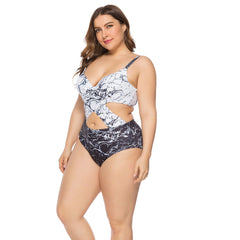 Plus Size Marble Print Cutout One-Piece Swimsuit
