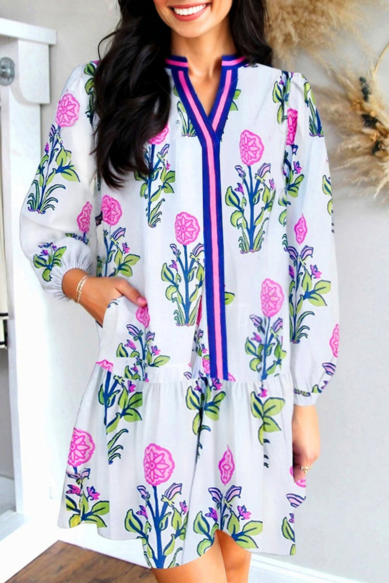 Floral Print Contrast Striped Trim Notched Neck Long Sleeve Dress