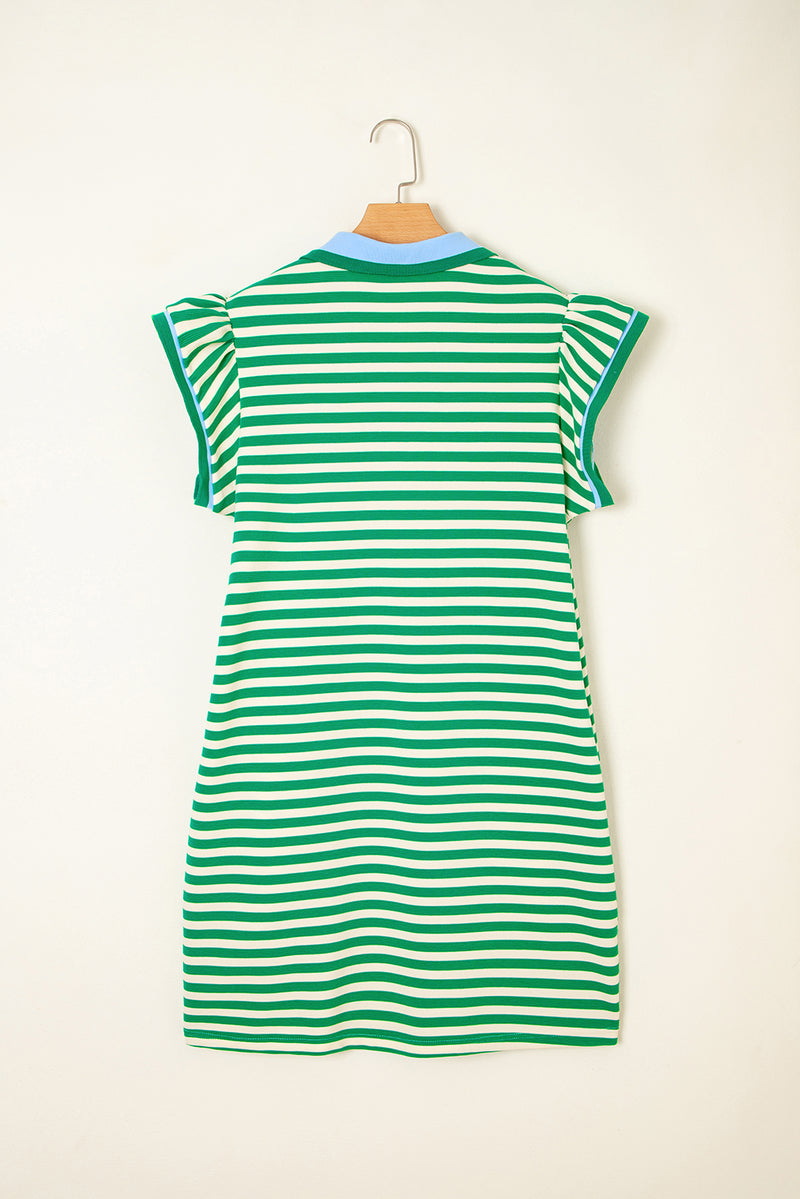 Stripe Print Contrast Collar Split Neck Flutter Sleeve Short Dress