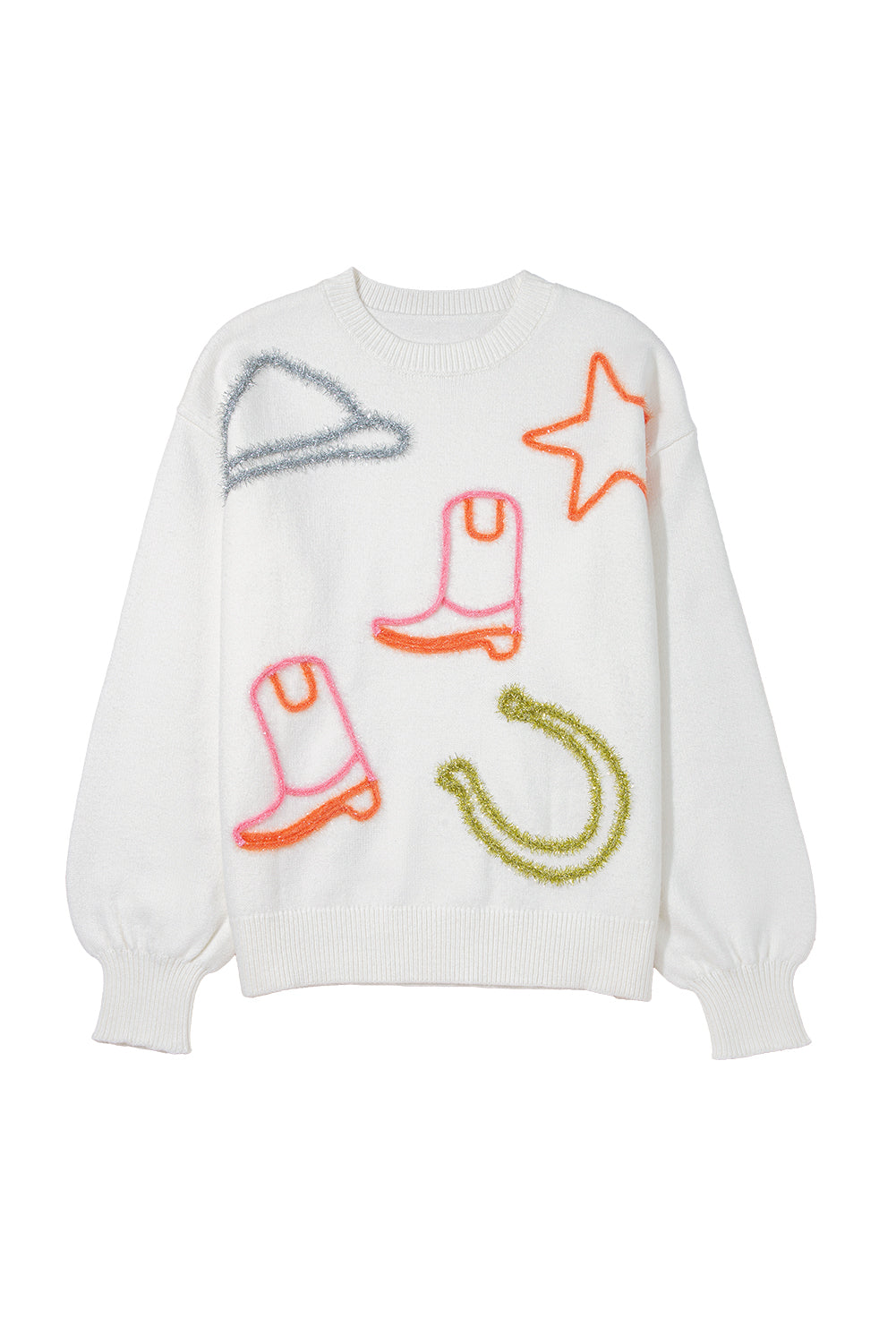 Western Boots Horseshoe Star Knit Crew Neck Sweater