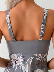 Women's Tankini Suit, Skirt, Chest Cross Two-piece Set, Flower Print, Holiday Style