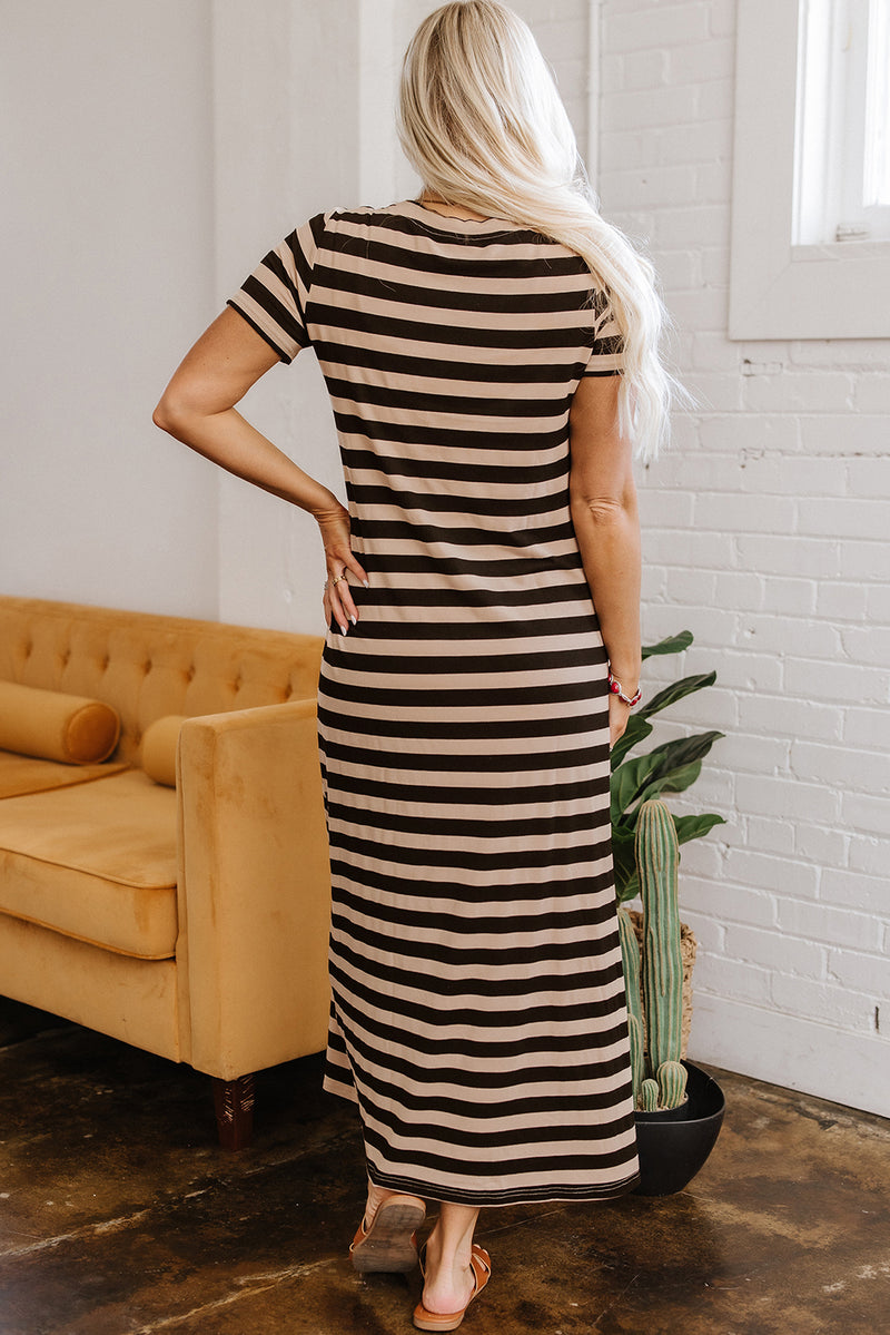 Stripe Casual Round Neck T-shirt Maxi Dress with Pockets