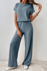 Solid Ribbed Keyhole Short Sleeve Wide Leg Jumpsuit
