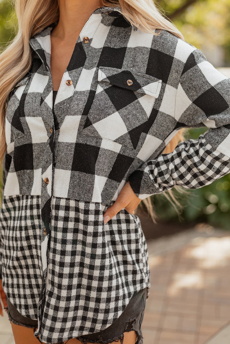 Double Plaid Patchwork Drawstring Hooded Shacket