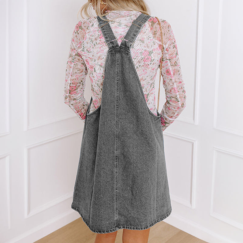 Wide Strap Button Front Pocketed Denim Mini Dress