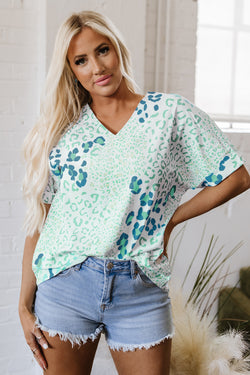 Mixed Leopard Print V Neck Short Sleeve Blouse