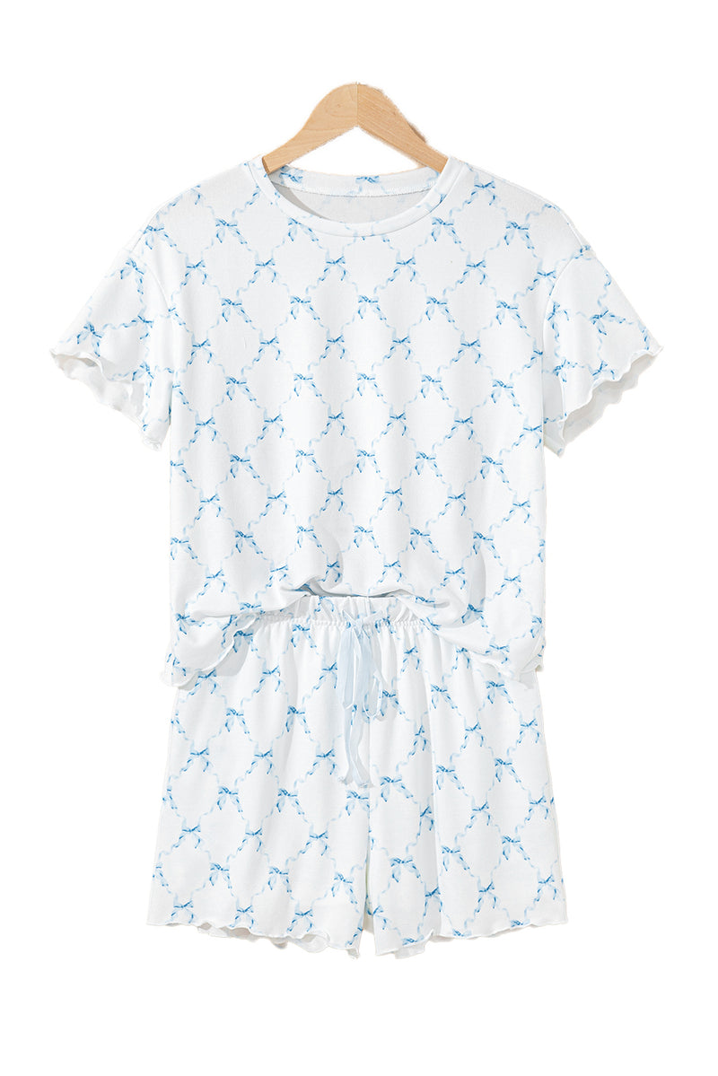 Bow Knot Geometric Print Lettuce Trim Two Piece Lounge Set