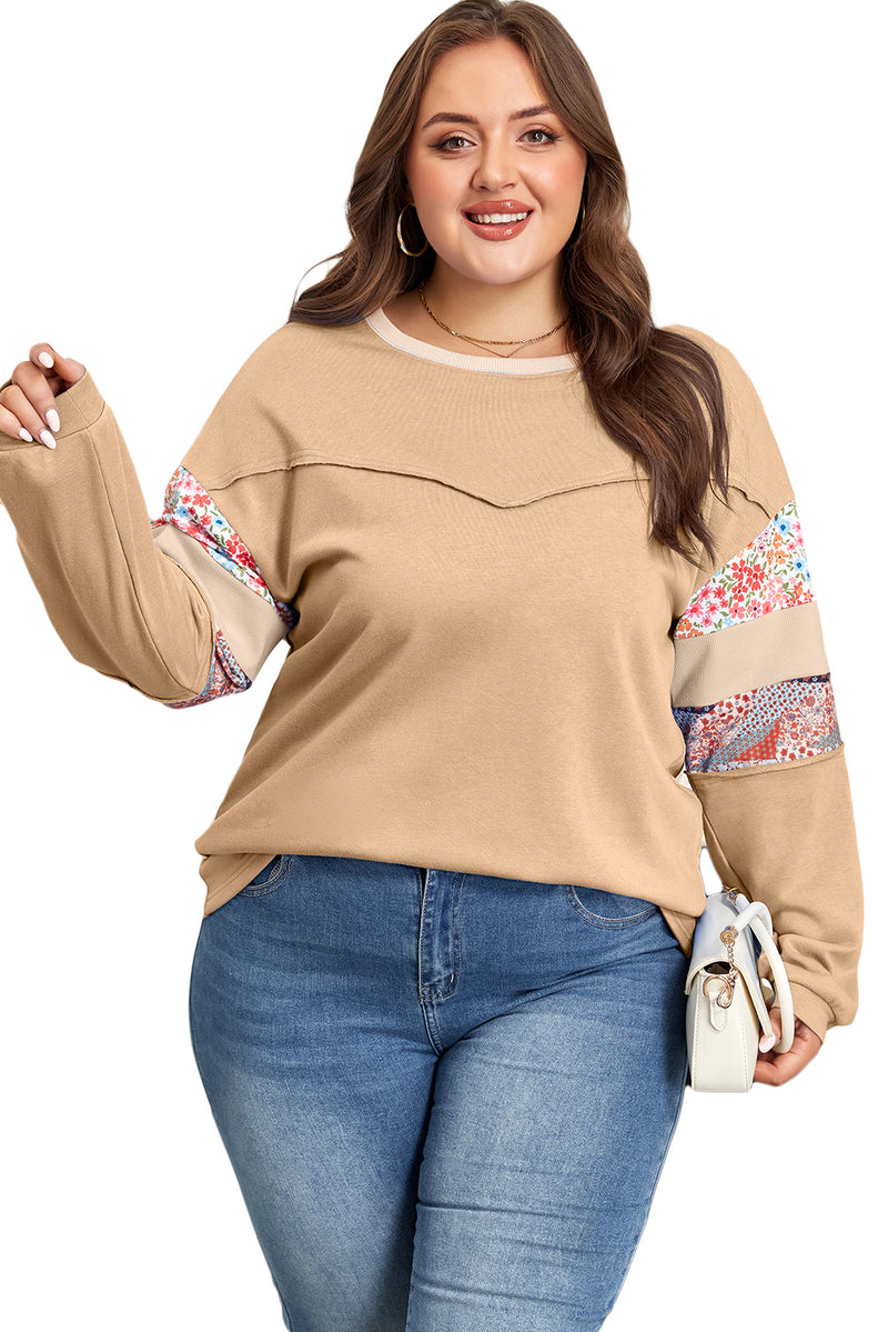 Exposed Seam Floral Mixed Patchwork Relaxed Plus Size Top