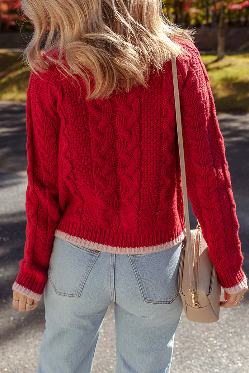 Color Contrast Edge Cable Knit Buttoned Cardigan