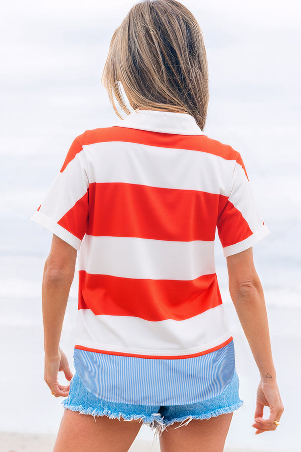 Stripe Collar V Neck Cuffed Dolman Short Sleeve Top