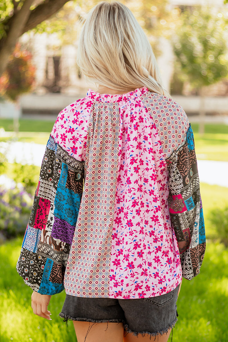 Boho Mixed Floral Drop Shoulder Bubble Sleeve Blouse