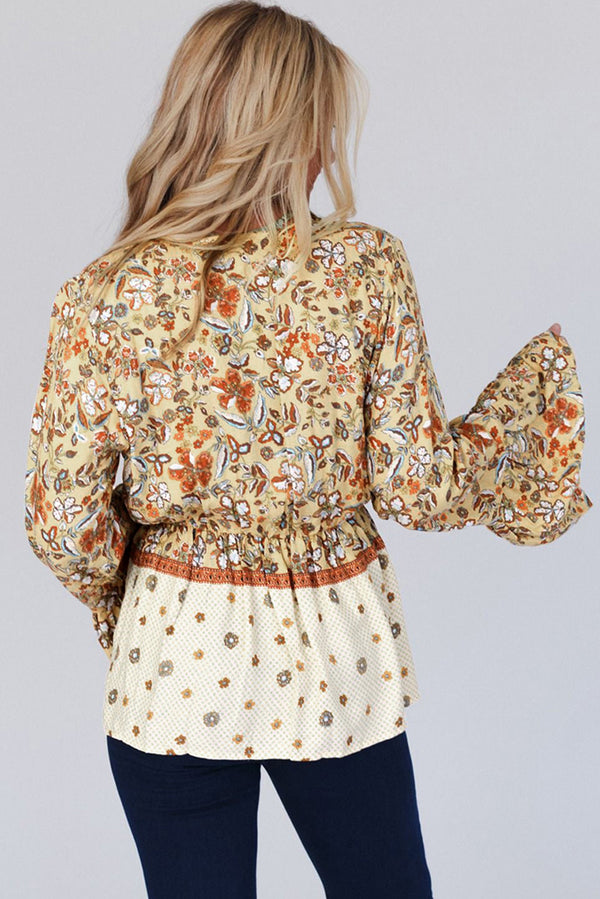 Printed Floral Bell Sleeve V Neck Wrapped Contrast Peplum Blouse