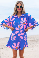 Summer Flower Print Shirt Collar Button Front Loose Romper