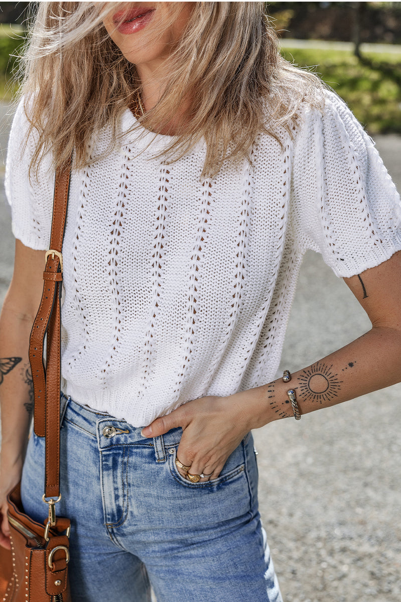 Pointelle Knit Short Puff Sleeve Crewneck Sweater