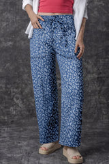 Leopard Printed Drawstring Waist Pocketed Wide Leg Jeans