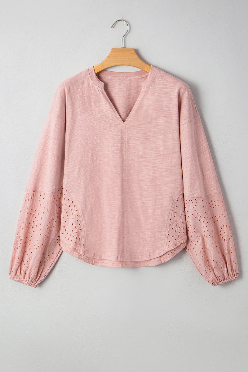 Pink Keyhole Notch V Neck Batwing Sleeve Blouse