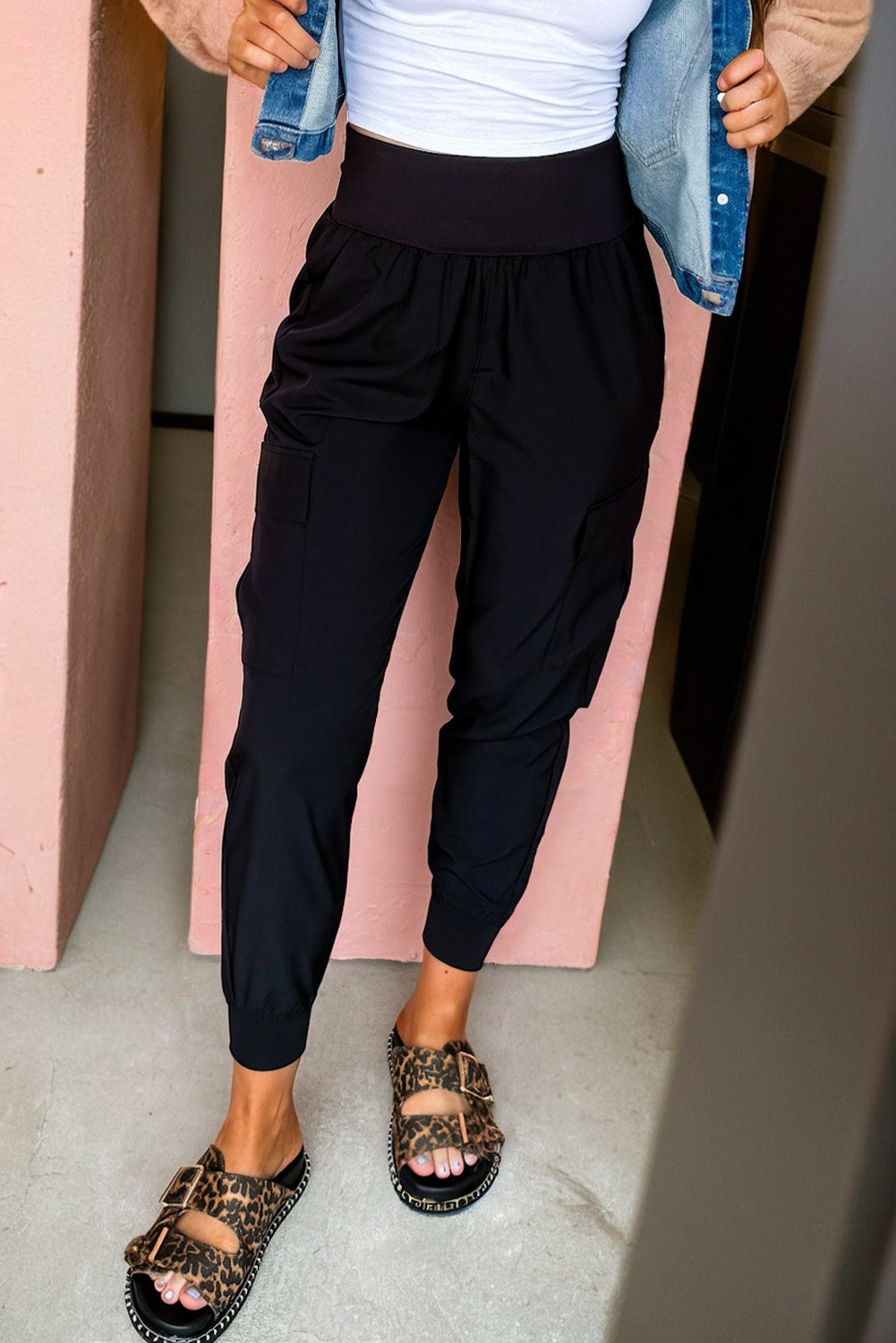 Elastic High Waist Pocketed Cargo Jogger Pants